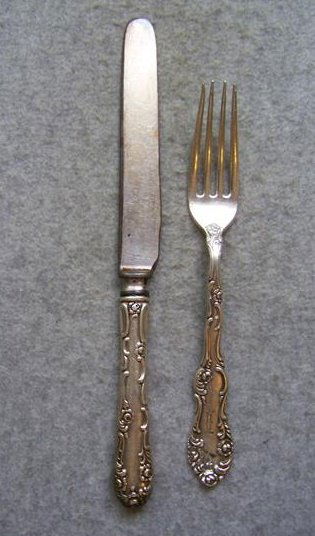 Sterling Silver Fork and Knife: Sterling Silver Fork and Knife - Fork Marked "Sterling PAT 1892 Chartdegen & Co." - Knife Handle Marked "Sterling PAT 1892", Blade not Marked - Fork WT 1 7/8 OZ., Fork & Knife Together Weigh 4 1/8 OZ.