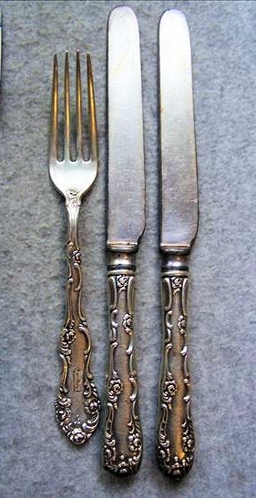 Sterling Silver Fork and 2 Knives: Sterling Silver Fork and 2 Knives - Fork Marked "Sterling PAT 1892 Chartdegen & Co." - Knives Handles Marked "Sterling PAT 1892", Blades not Marked - Fork WT 1 7/8 OZ., Fork & Knives Together Weigh 6 