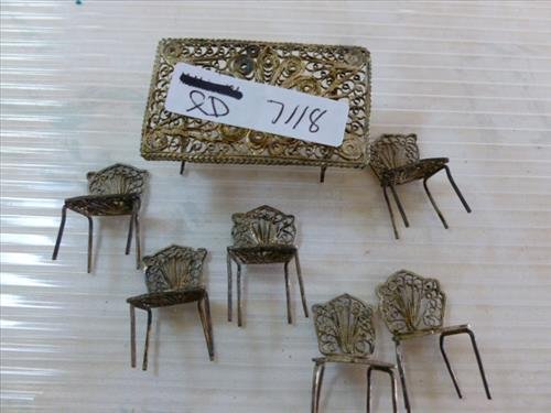 7 pieces unmarked 800 European silver mini filigree: 7 pieces unmarked 800 European silver mini filigree doll house furniture chairs- table