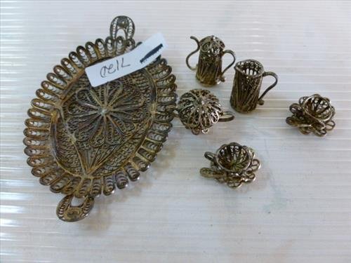 6 Different size 800 silver unmarked doll house: 6 Different size 800 silver unmarked doll house miniatures pieces-tray and tea set-
