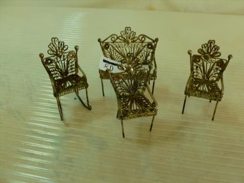4 pc 800 silver un marked- mini doll house furniture: 4 pc 800 silver un marked- mini doll house furniture filigree bench 2 chairs and rocker