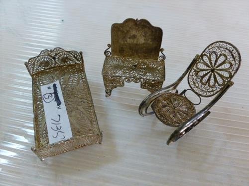 3 pc unmarked 800 silver mini doll house furniture: 3 pc unmarked 800 silver mini doll house furniture- bed vanity and rocker-