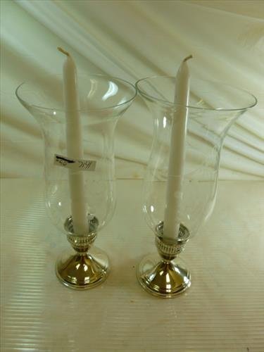 Pair Sterling candle holders with etched berry: Pair Sterling candle holders with etched berry hurricane globes- 11 tall-Duchin Silver- weighted bottoms-nice condition
