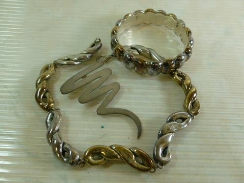 Bracelets-solid- necklace 15" silver and gold and pin-: Bracelets-solid- necklace 15" silver and gold and pin- 3"- Marked 925 Silver- 97 grams total weight-