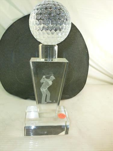 2 Piece Golf trophy- crystal laser cut golfer in body: 2 Piece Golf trophy- crystal laser cut golfer in body- Large dimpled crystal gold ball for the top-needs to glued back on-11"- clear no chips
