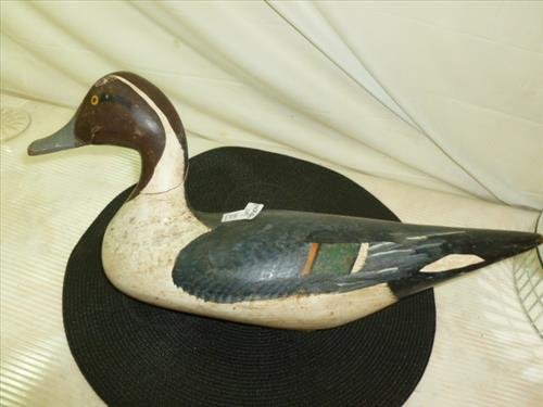 Large Drake wood Decoy- weighted bottom- hand painted: Large Drake wood Decoy- weighted bottom- hand painted-18 long-grey-white-brown-black -orange-& yellow eyes- crack in neck-old piece