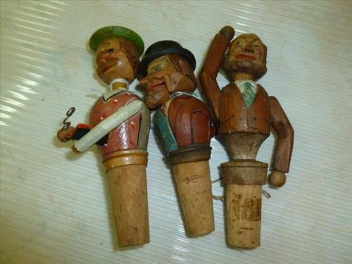 3 piece hand carved and painted Arni bottle stoppers: 3 piece hand carved and painted Arni bottle stoppers with movable parts-nice old pieces-German