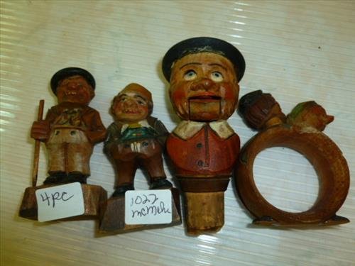 4 pc carved & painted wood figures napkin ring & bottle: 4 pc hand carved and painted wood figures napkin ring and bottle stopper with movable parts some damage- nice old pieces-German