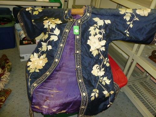 Oriental kimono- as is- navy and white embroidered: Oriental kimono- as is- navy and white embroidered silk- flower design- worn with tears- good for a wall hanger