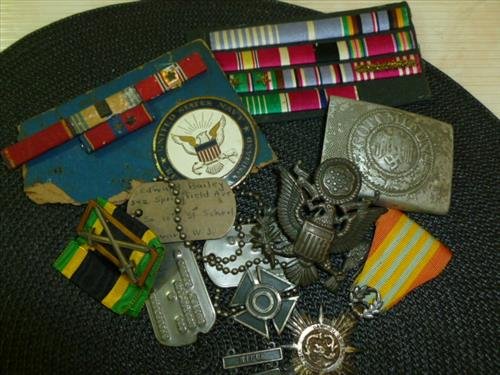 Nice lot of military items-bars, ribbons Viet Nam,cross: Nice lot of military items-bars, ribbons Viet Nam,cross swords,pins,dog tags-Edward Baliey,Sterling rifle pin,Gott Mitt Uns Nazi belt buckle