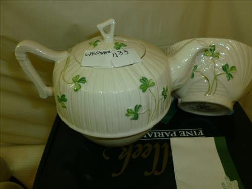 Belleek- tea for one set- Shamrock pattern- with box: Belleek- tea for one set- Shamrock pattern- with box- Black Mark-#B0267- Like new condition-5 1/2 tall
