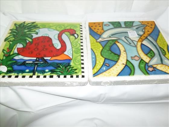 Pair porcelain wall tiles- dolphin and flamingo- 8 by 8 (1 of 1)