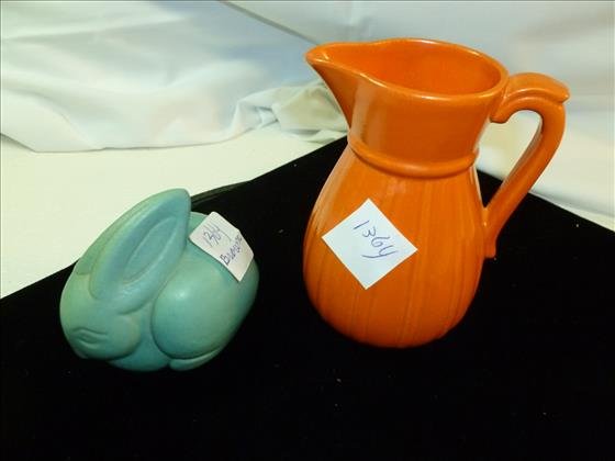 2 pc pottery- Van Briggle Aqua rabbit-3 1/4" marked- (1 of 1)