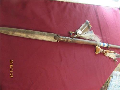 American Indian Buffalo Spear All Hand Made Original: American Indian Buffalo Spear All Hand Made Original - Feather, Beads, Prayer Stick all Leather Wrapped 71" long