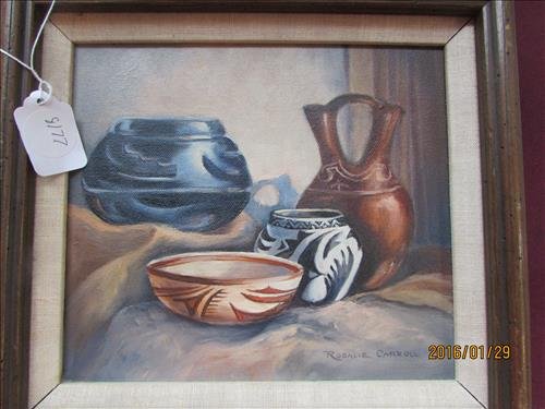 Vintage Oil/Canvas Painting of Pottery by Rosalie: Vintage Oil/Canvas Painting of Pottery - Wedding Vase - by Rosalie Carroll - 11" x 10" Framed