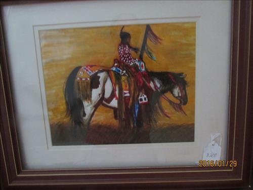 Stunning/Colorful Painting of Indian on Horse In Tall: Stunning/Colorful Painting of Indian on Horse In Tall Grass Framed , Matted Under Glass Artist Signature May Be Under Matting 14" x 16 1/2"