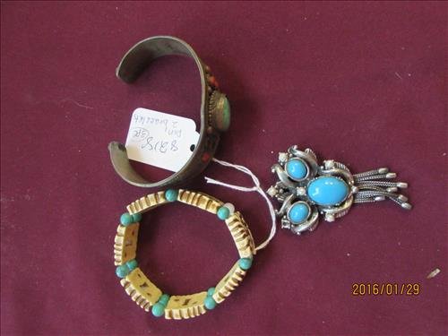 Ravaino Broach, Copper Tone Bracelet & Bone Look: Ravaino Broach (Missing Pin), Copper Tone Bracelet (Missing 2 small Stones) and Bone Look Stretch Bracelet
