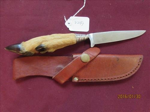 Deer Hoof Knife Marked B279 Hirschkrone Solingen: Deer Hoof Handle Knife Marked B279 Hirschkrone Solingen Rostfrei on Blade 3 1/2" Blade with Leather Sheath