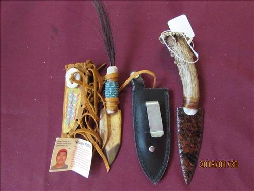 Navajo Knife by Gene George & Stag Handle Stone Blade: Navajo Folk-art Knife by Gene George total length 5" and Stag Handle Stone Blade Knife Blade is 4" both with Sheaths