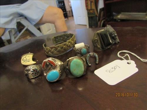 7 Rings - 1 Copper Bracelet and 1 Embossed Tooth: 7 Rings - Some with Silver Stamps - Turquoise, Coral, Etc. and 1 Copper Bracelet and 1 Embossed Tooth Pendant
