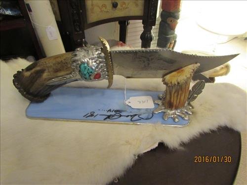 Travis Palmer Knife & Stand - etched w/Rose & Feather: One of a Kind Travis Palmer Knife and Stand - Sterling Silver and Turquoise and Coral Stag Handle - Stand is Stag Horn with Sterling Silver and Turquoise - Blade is 6" etched with Rose on one Side and