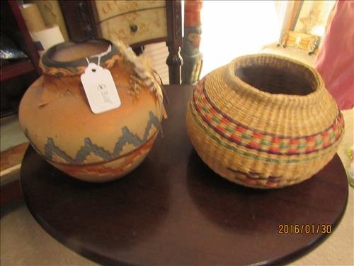 One Woven Basket 6" tall and one Pottery Bowl: One Woven Basket 6" tall and one Pottery Bowl marked NY30020