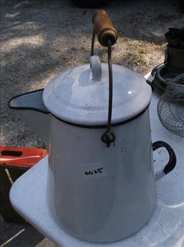 ENAMELED COFFEE POT W/WOOD HANDLE  11"H (1 of 1)