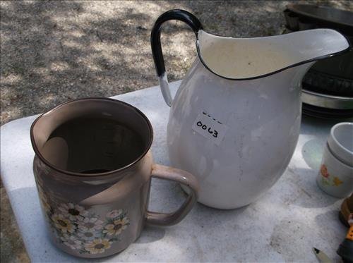 2 ENAMELED PITCHERS-FLORAL & WHITE  10"H (1 of 1)