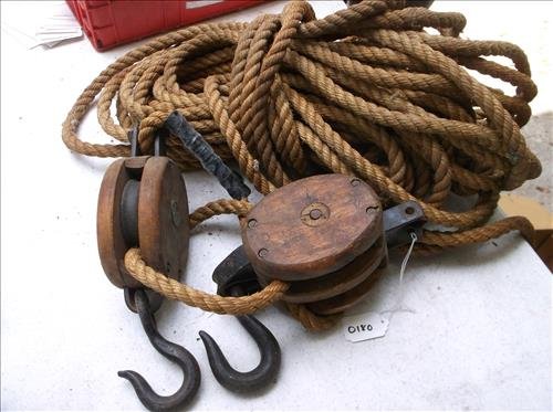 2 VINTAGE BTC? ROLLER WOOD & METAL PULLEYS & ROPE: 2 VINTAGE/ANTIQUE BTC? ROLLER BUSHED WOOD & METAL PULLEYS & ROPE