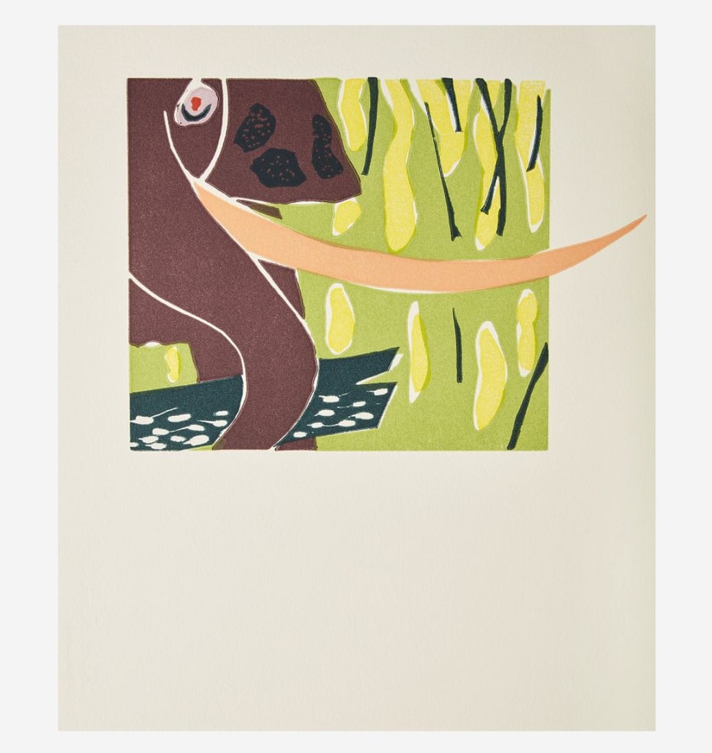 Gregory Amenoff "Elephant" Linoleum Limited Edition Print: 1990 Relief print in black and ochre on Somerset paper from "Bestiary" collection. Copy of Artist Signature on cellophane accompanies the print as well as accompanying poem/description by Bradford Mor