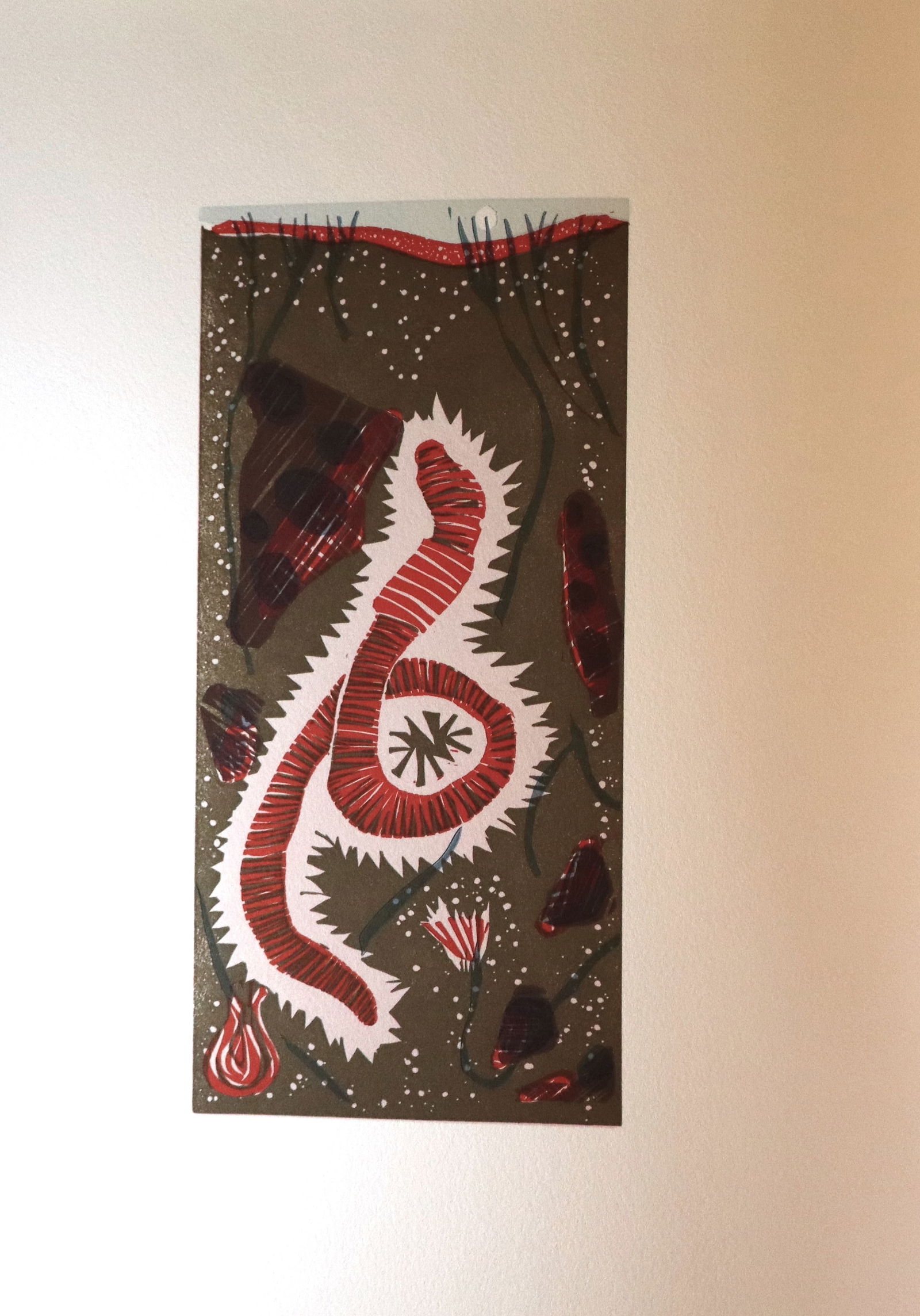 Gregory Amenoff "Earthworm" Linoleum Limited Edition Print: 1990 Relief print in black and ochre on Somerset paper from "Bestiary" collection. Copy of Artist Signature on cellophane accompanies the print as well as accompanying poem/description by Bradford Mor