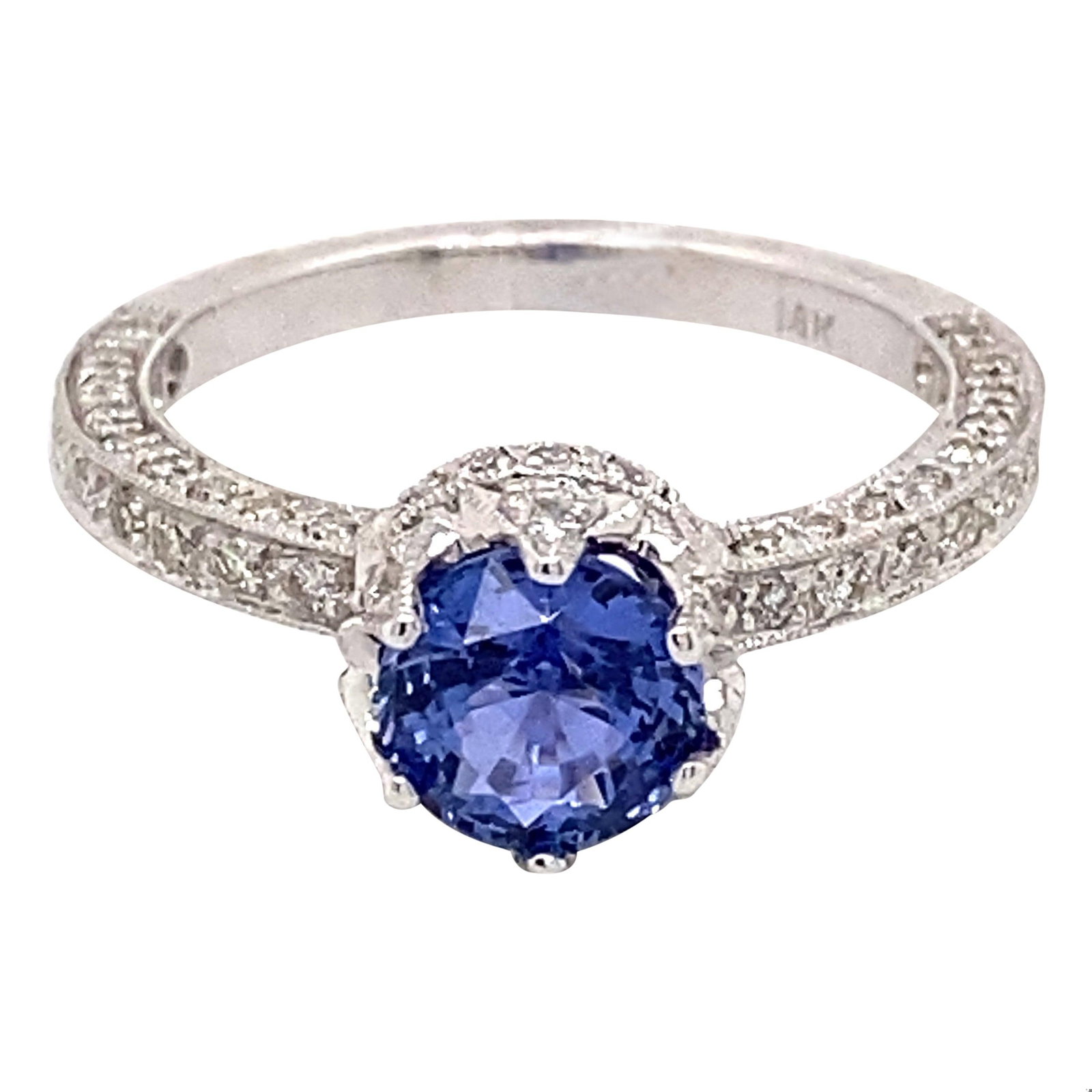Art Deco Style 1.91ctt Ceylon Sapphire & Diamond Ring 18 Karat White Gold: Art Deco style round Ceylon sapphire ring with diamonds.1.91 carats total gemstone weight.Center 1.22 carat round Sri Lankan sapphire, heat. Complimented with 0.69 carats of round brilliant diamonds, 