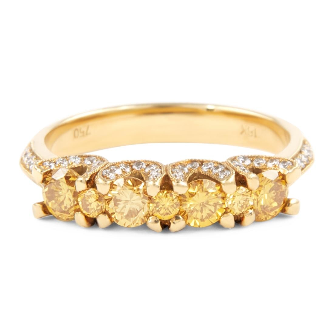 1.07ct Fancy Intense Brownish Greenish Yellow Diamond Cocktail Ring 18k Two Tone: Lovely natural yellow to brownish yellow diamond cocktail ring.1.07 carats total diamond weight.7 round brilliant yellow diamonds, 0.78 carats. Approximately Fancy Brownish Greenish Yellow color and S