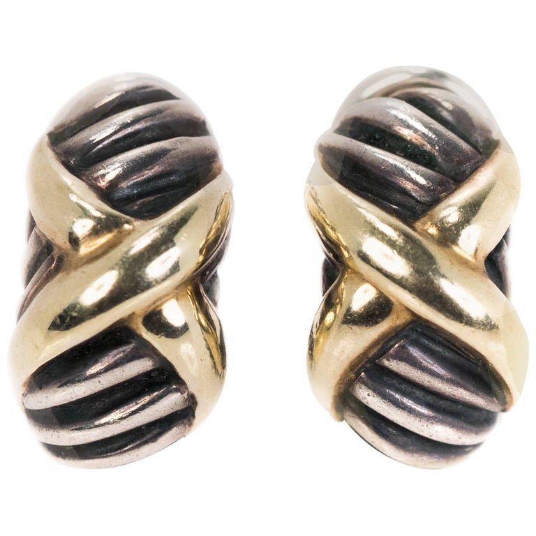 David Yurman Two-Tone Sterling Silver, 14k Yellow Gold Cable Clip On Earrings (1 of 4)