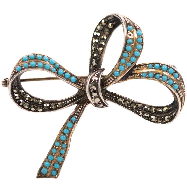 1930s Sterling Silver, Marcasite, Turquoise Ribbon Bow Brooch (1 of 3)