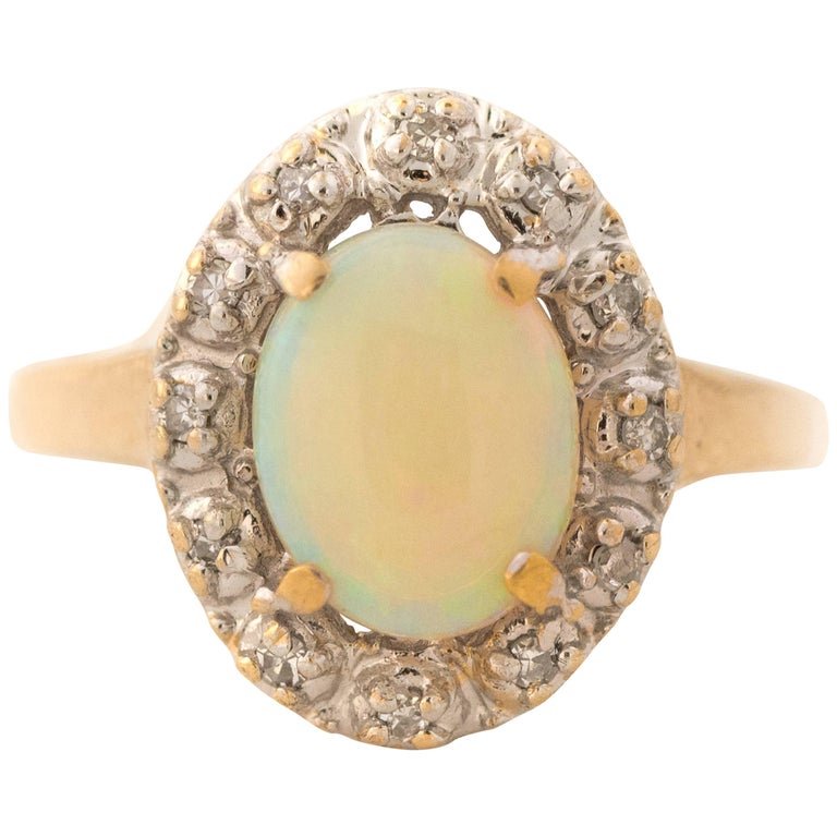 1960s Opal and Diamond Halo 14 Karat Yellow Gold Ring (1 of 5)
