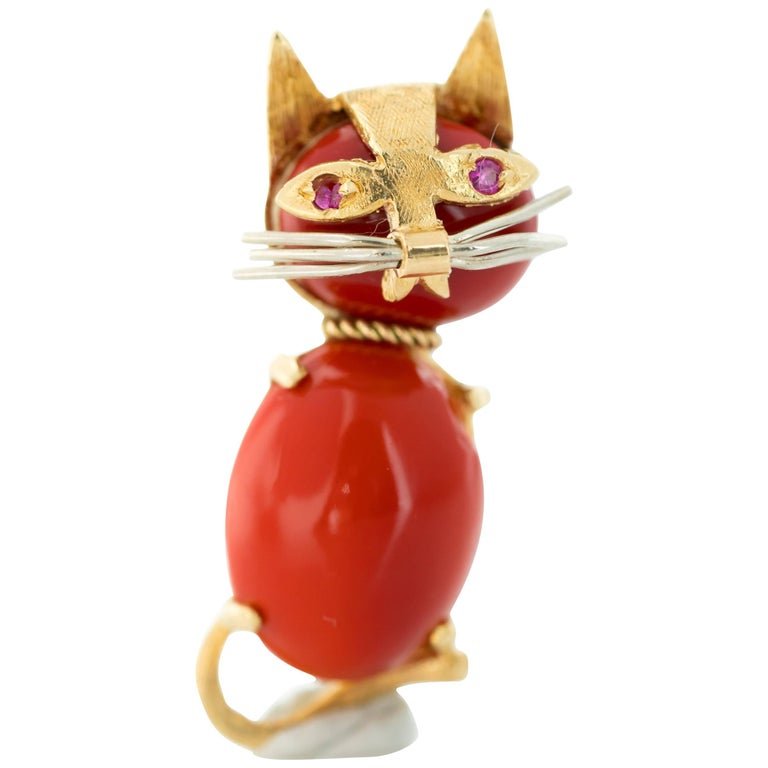 1960s Coral and Ruby 18 Karat Gold Cat Brooch (1 of 5)