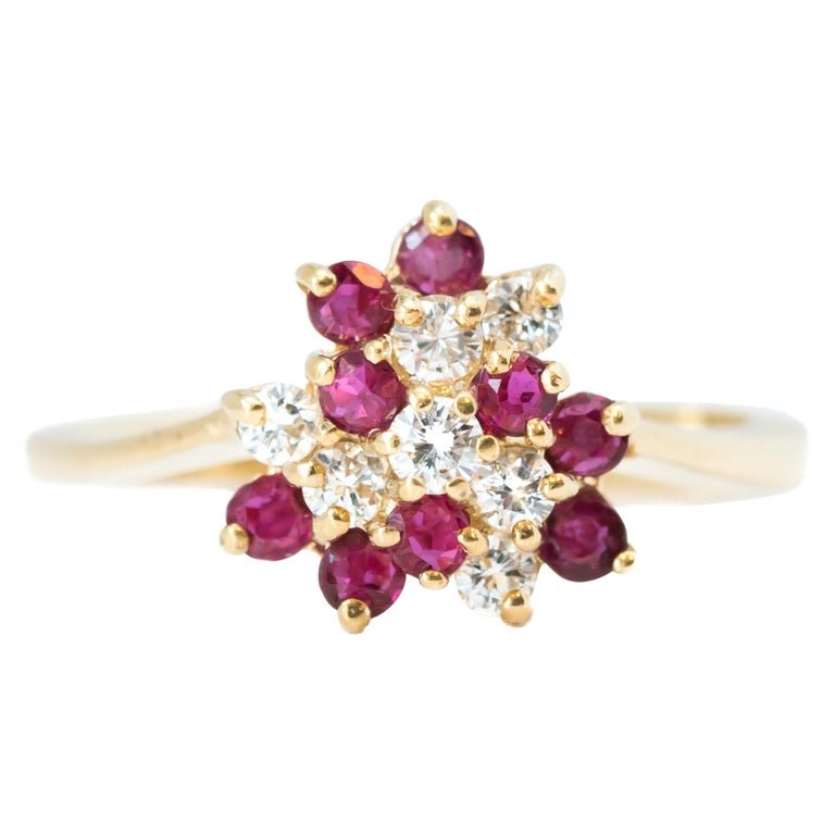 1950s Ruby and Diamond Cluster 14 Karat Yellow Gold Ring (1 of 4)