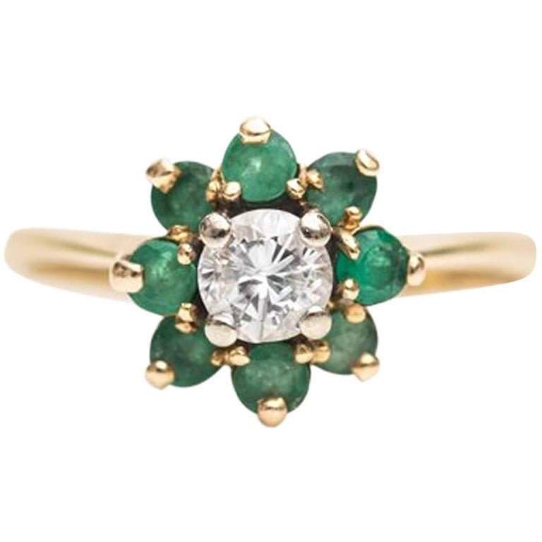 1940s 0.35 Carat Diamond and Emerald Halo Ring 14 Karat Yellow Gold (1 of 4)