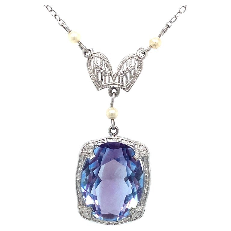 1910s Amethyst and Pearl Filigree Lavaliere Necklace in White Gold (1 of 4)