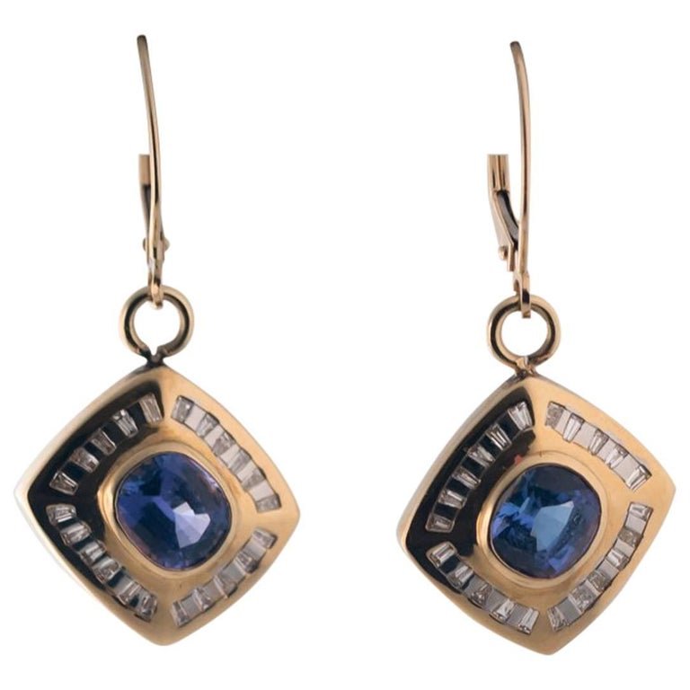 1960s Violet Blue Tanzanite, Diamond and 14 Karat Yellow Gold Drop Earrings (1 of 5)