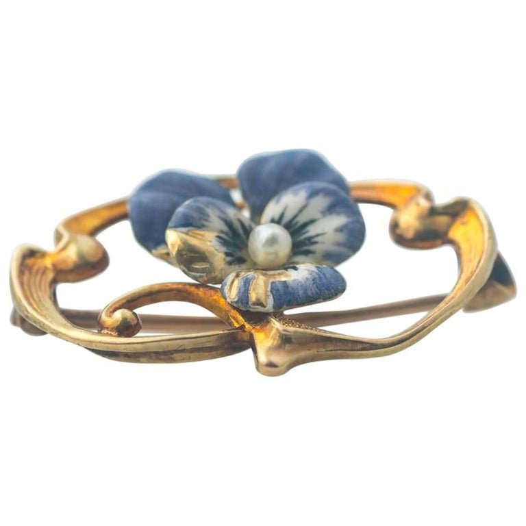 1950s Pearl, Purple Floral Enamel 14 Karat Yellow Gold Convertible Pin Pendant (1 of 6)