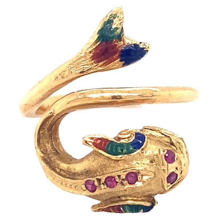 Ruby and Multicolored Enamel Dragon Khoi Fish 18 Karat Gold Ring (1 of 4)
