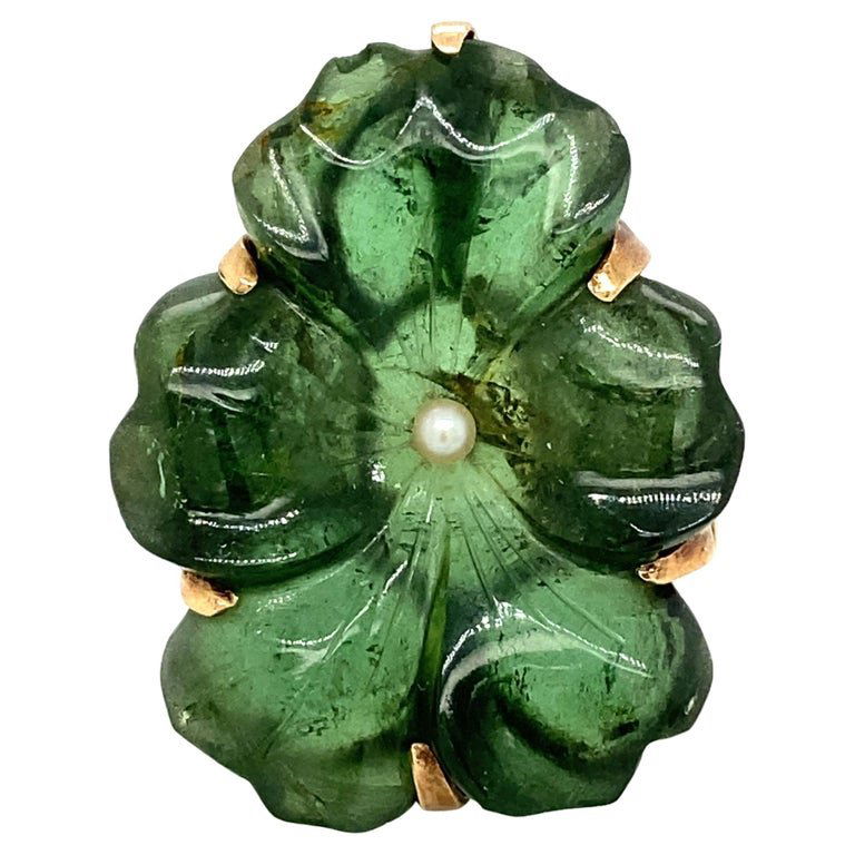 1930s Carved Tourmaline and Pearl Cocktail Ring in 14 Karat Gold (1 of 5)