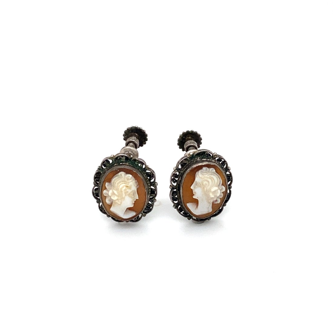 1870s Cameo French Screwback Silver Earrings (1 of 7)