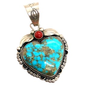 Mabel Watson Heart Pendant with Turquoise and Coral in Sterling Silver