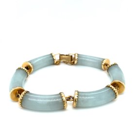 1980s Chinese White Jade Bar Link Bracelet in 14 Karat Gold