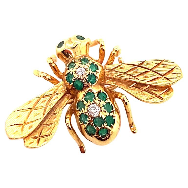 Circa 1960s Emerald and Diamond Insect Pin in 14 Karat Yellow Gold (1 of 5)