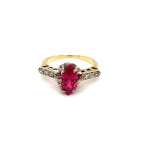1940s Vintage 14k Gold Synthetic Ruby and Diamond Ring