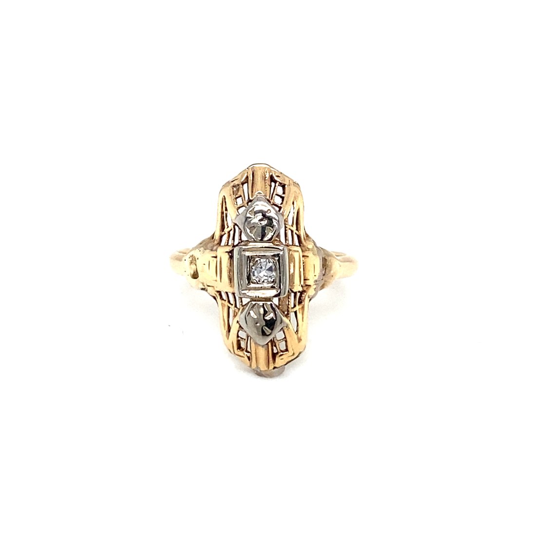 1920s Art Deco Two Tone 14K Gold Engagement Ring, Center Diamond 0.03cts (1 of 7)
